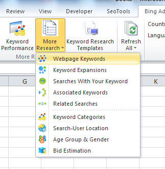 Bing Keyword Tool Excel Ribbon Webpage keywords