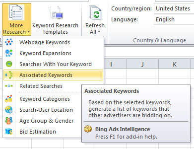 Bing Keyword Tool Excel Ribbon associated keywords