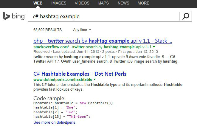 Bing SERP Screenshot c hashtag example