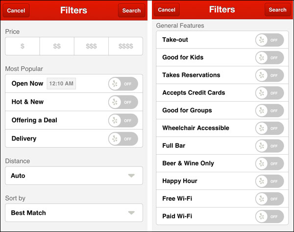 Yelp Search Filters